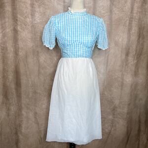 Vintage 70s Blue & White Checkered Prairie Dress Midi Short Sleeve Lace Peasant